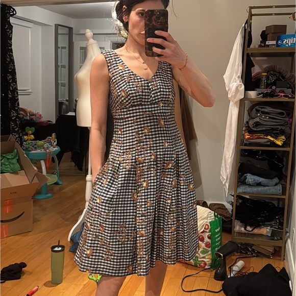 Vintage 100% Silk Embroidered Gingham Cottagecore Fit & Flare Dress - Picture 3 of 11